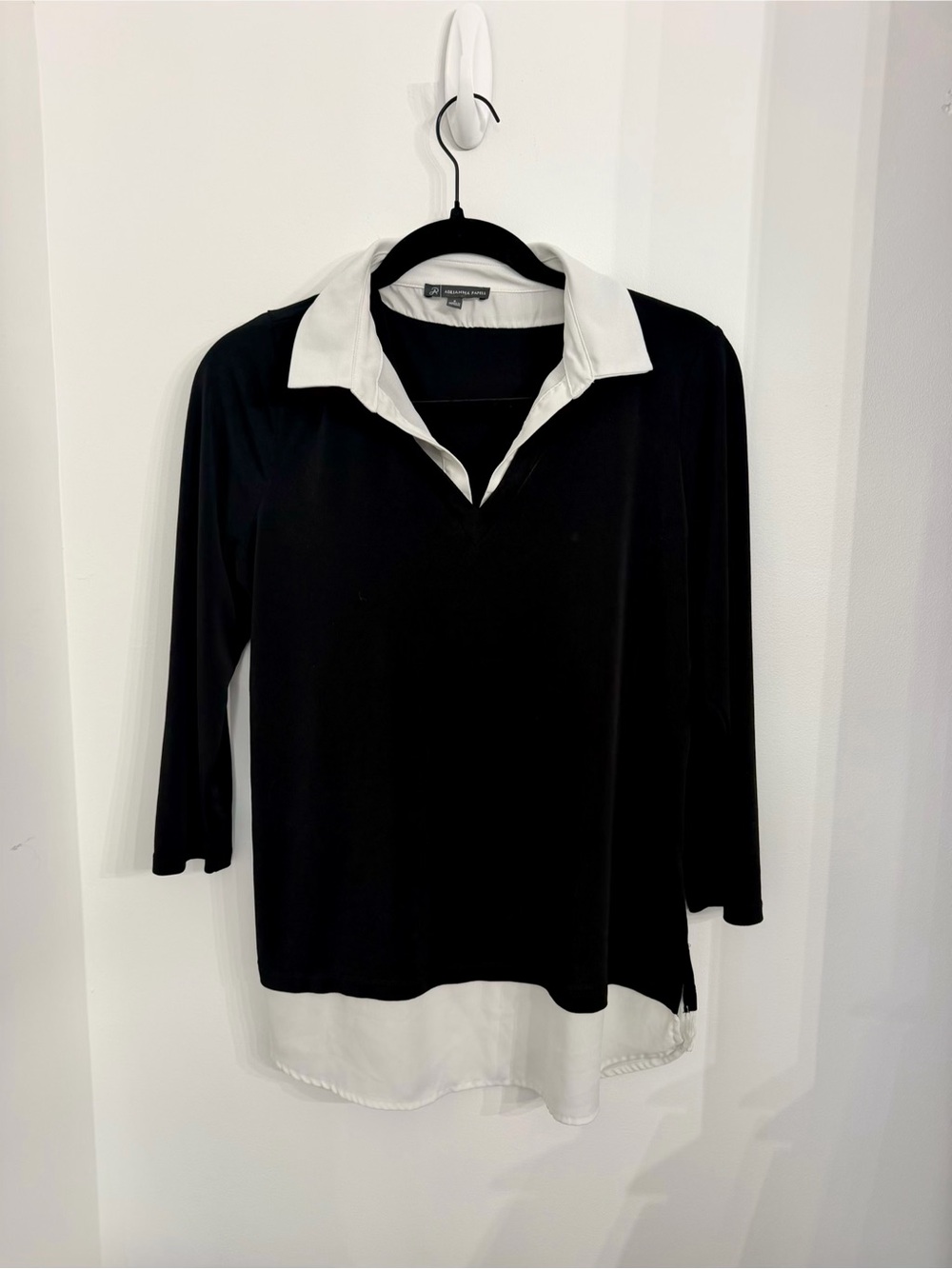 Adrienne Vittadini Black & White Mixed-Media Layered Twofer Top — Size Small